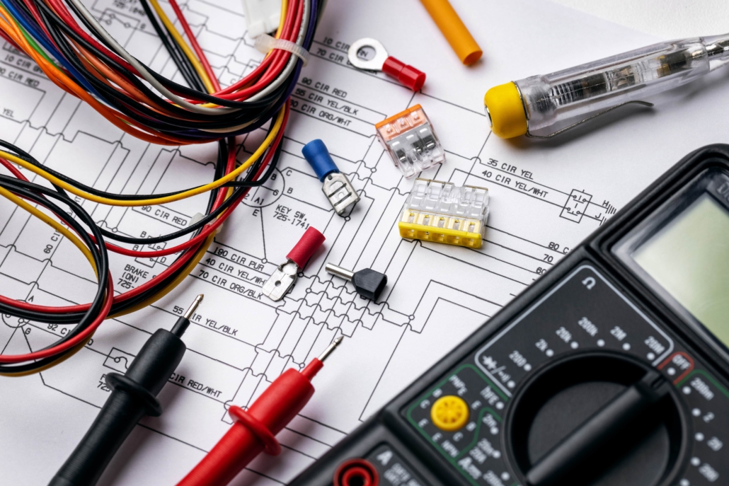 Assembly of electrical components on a circuit diagram.